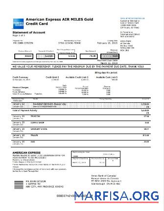 Downloadable Canada American Express Air Miles gold credit card account statement word sample